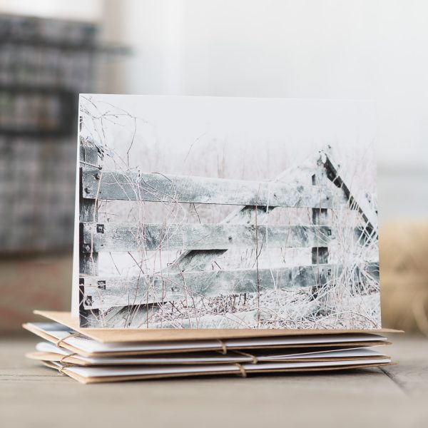 Handmade blank greeting card, photo of a rustic fence with wild grasses