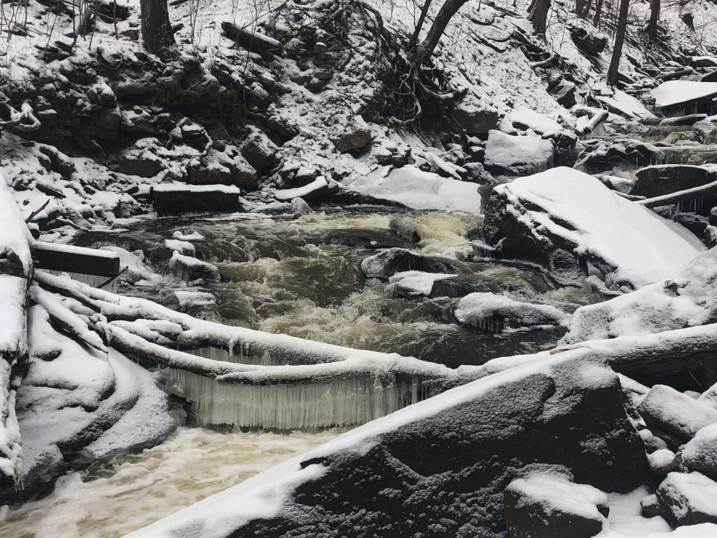 A view of the rapids alongside Grindstone Creek hiking trail. Rocks and logs are covered with snow, and small sections of waterfall in the rapids are frozen.