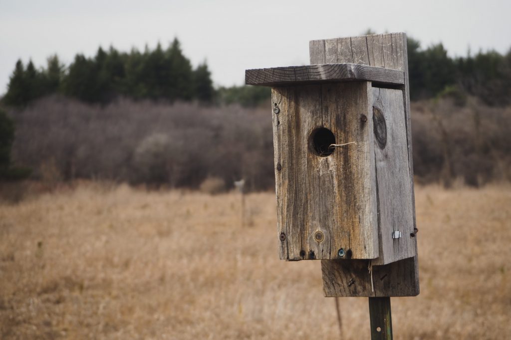 Close up of a rustic wooden birdhouse in a bare field,