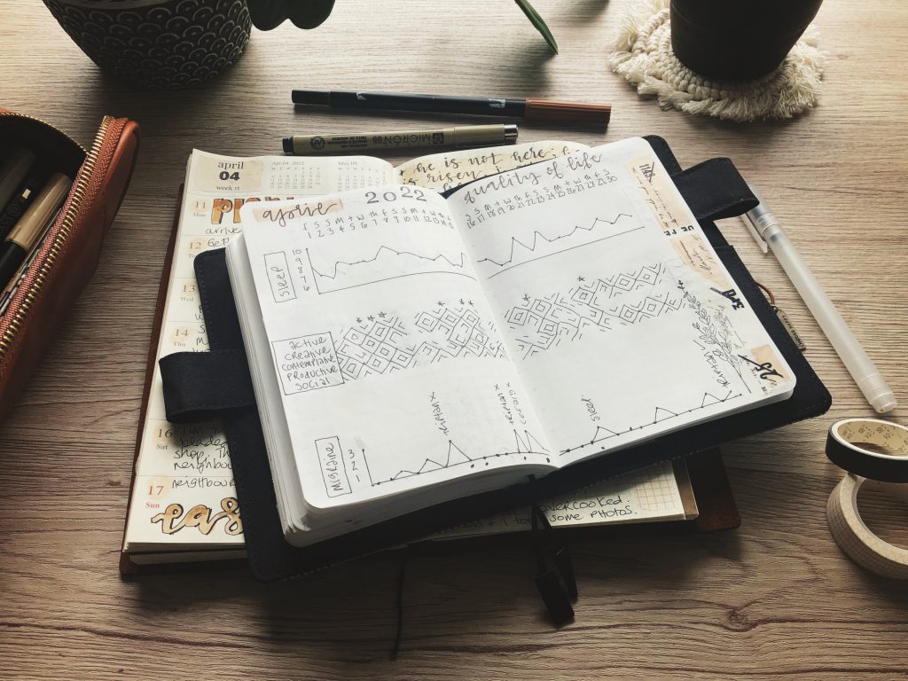 Evening journaling routine. Two open notebooks stacked on a wooden surface. The top one shows three tracking spreads, the bottom one is a writing journal. Around the notebooks are scattered a brown pencil case, two markers, a mug on a white macramé coaster, a clear gel pen and two rolls of washi tape.