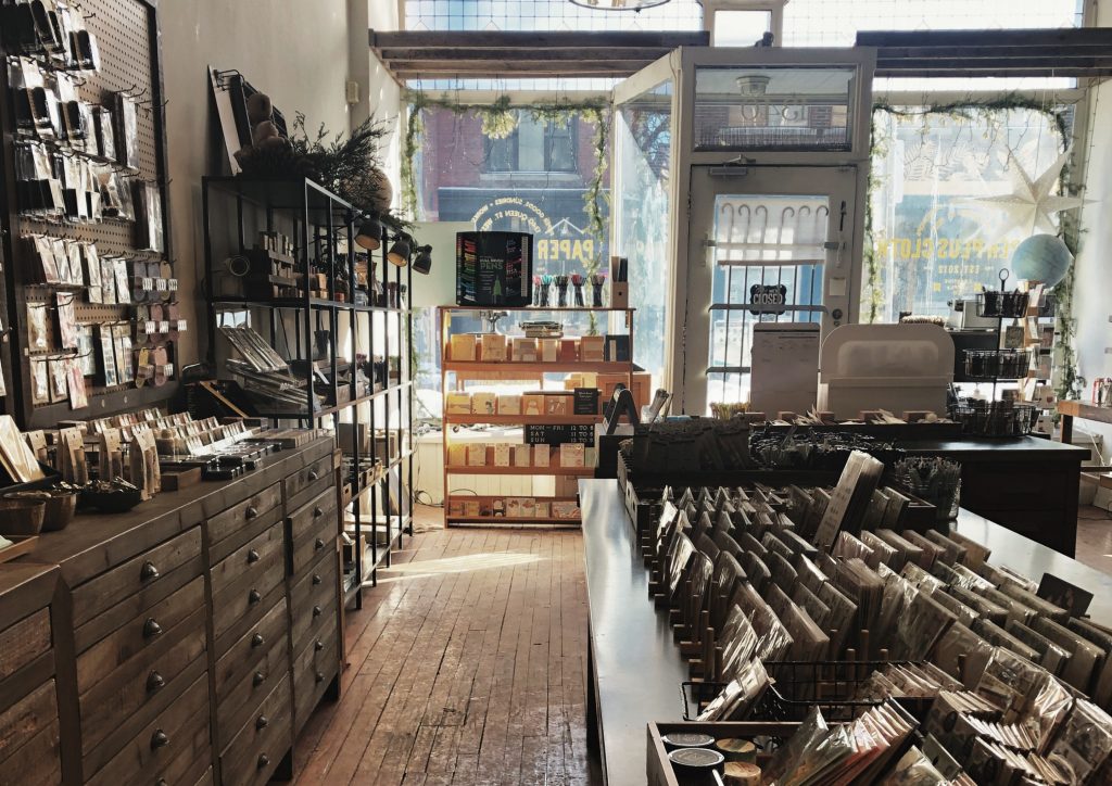 A photo depicting my current stationery wishlist. It is a view across the inside of an aesthetic stationery shop called Paper Plus Cloth in Toronto. 