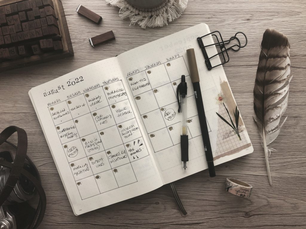 A notebook opened to an August calendar spread with the date highlighted at six months of blogging. Also on the desk, a camera, a wooden box of alpha-numeric stamps, a hawk feather and some pens.
