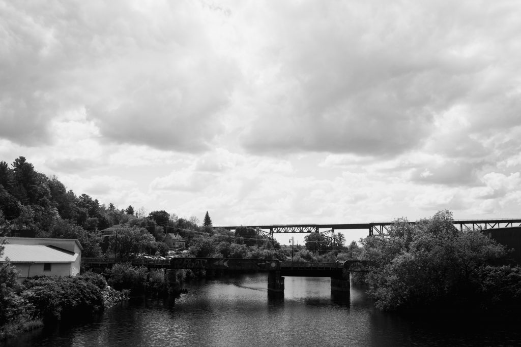 Black and white photo of the Trestle Bridge in Parry Sound, Ontario, Canada.