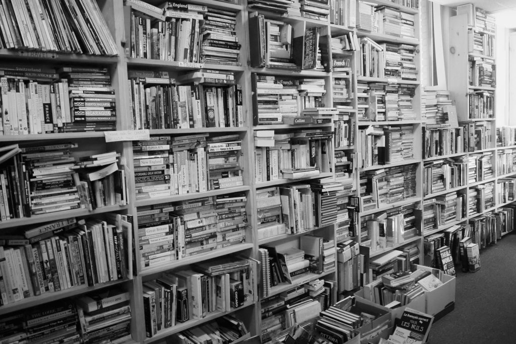 A black and white photo inside Bearly Used Books in Parry Sound, Ontario, Canada